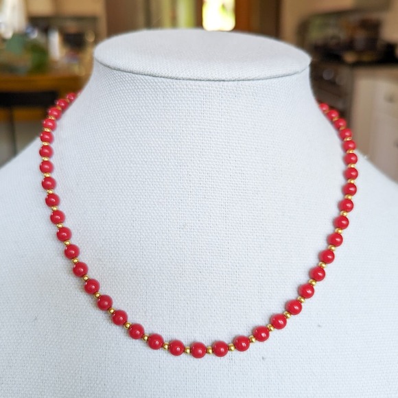 Vintage Monet Red and Gold Acrylic Beaded Necklace Signed - Picture 3 of 11